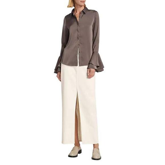 Derek Lam 10 Crosby Selma Button Up Bell Sleeve Blouse in Darkb Truffle Brown S - Picture 2 of 5